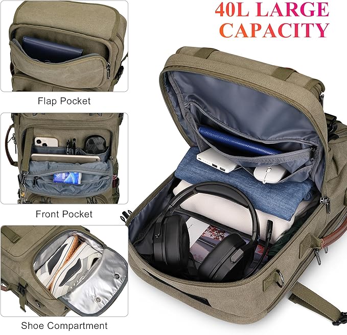 WITZMAN Travel Backpack for Men 40L Large Carry-on Airline Approved Convertible 3 in 1 laptop Bags Fit 17 inch(A8013 Army Green)
