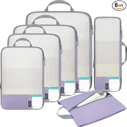 BAGAIL 6 Set Lightweight Compression Packing Cubes with Packing List, Anti-Tearing Expandable Organizer Bags for Travel, Dusty Purple