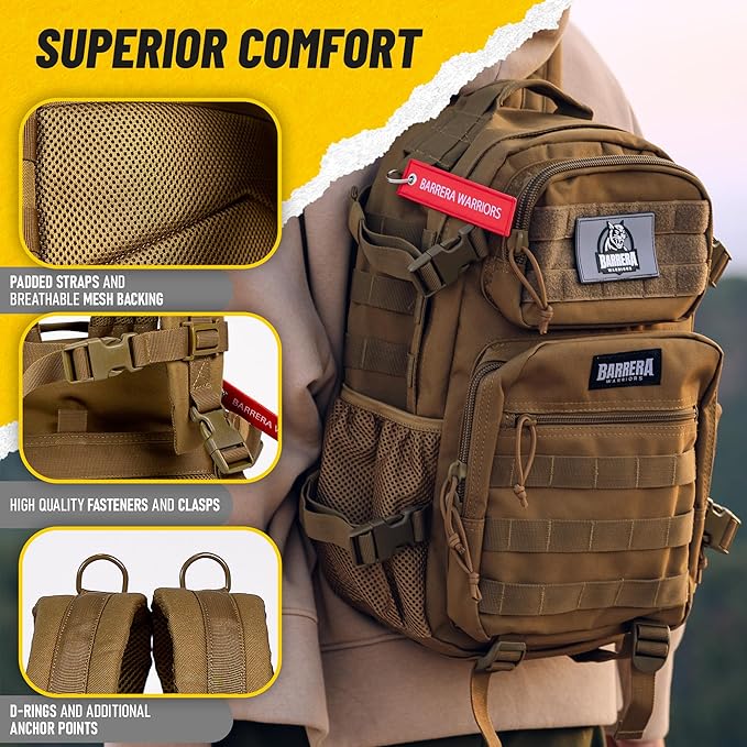 25 L Tactical Backpack: durable military-style backpack with MOLLE system for daily carry, travel, gym, hiking, hunting, camping, and outdoor sports. (COYOTE BROWN)