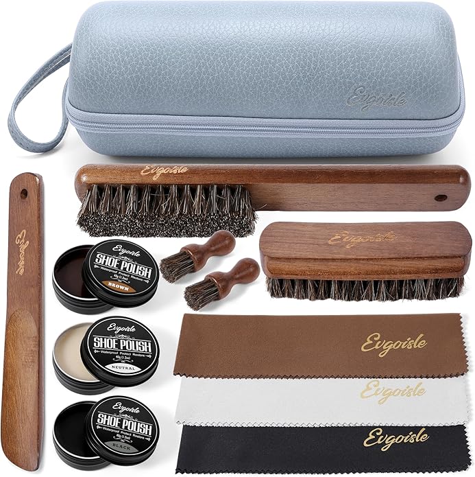 Leather Polish Kit Shoe Care Set, Black Brown Neutral Polish Horsehair Brush for Men Women Boots Dress Shoes