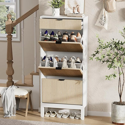 GAOMON Shoe Cabinet with 3 Flip Drawers, Entryway Cabinet with Adjustable Shelves, Accommodate 12 to 18 Pair of Shoes, Space-Saving Slim Shoe Cabinet for Entryway, Hallway, Front Door, White Oak