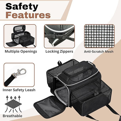 Airline Approved Top-Expanding Pet Carrier on Wheels- Extra Spacious Soft Lined Carrier! 18x11x11 (Black, Expanding Sides)