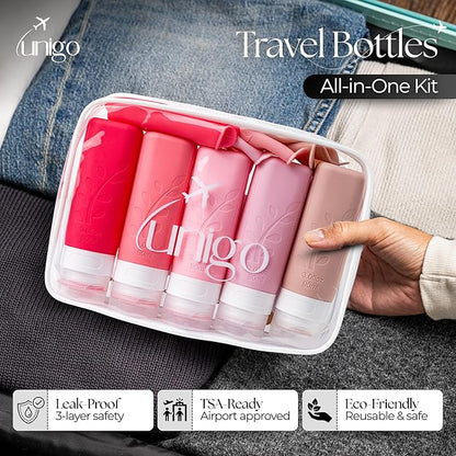 unigo Travel Bottles For Toiletries, 5-pack 3.oz TSA Aprroved Travel Size Bottles, Containers For Toiletries, BPA Free, Leak Prrof, Refillable Containers Bottles (Pink)