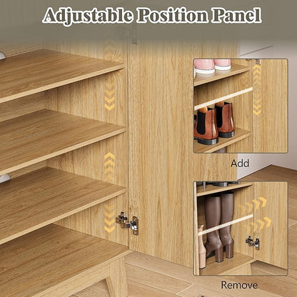 Shoe Cabinet Storage for Entryway with Doors, 4 Tier Fluted Shoe Organizer with 2 Drawers, Entryway Shoe Storage with Adjustable Shelves, Freestanding Hidden Shoe Rack for Front Door Entrance, Oak
