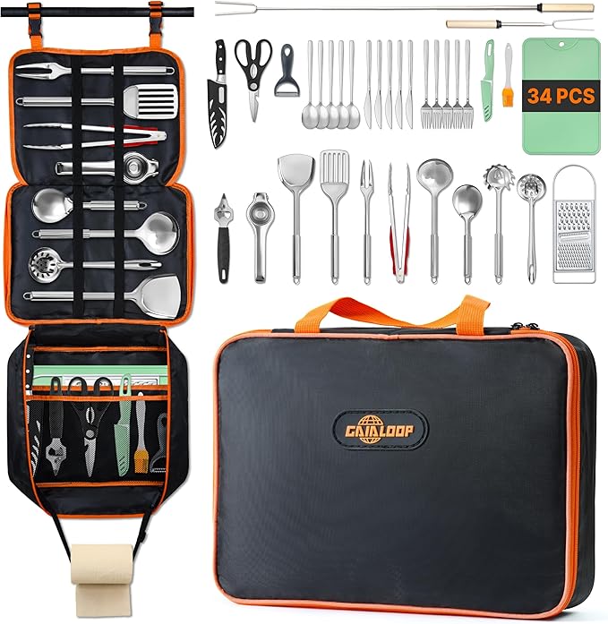 Portable Camping Cooking Utensils Set, Camp Kitchen & Campfire Cooking Equipment, RV Essentials, Camper Must-Haves Accessories, Outdoors Cookware, Christmas Stocking Stuffers Gifts