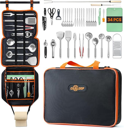 Portable Camping Cooking Utensils Set, Camp Kitchen & Campfire Cooking Equipment, RV Essentials, Camper Must-Haves Accessories, Outdoors Cookware, Christmas Stocking Stuffers Gifts