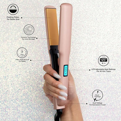 CHI Original Flat Iron Hair Straightener, Ceramic Floating Plates for Smooth Finish, Quick Heat Up Styling Tool, On/Off Switch, 1.25", Prosecco Please