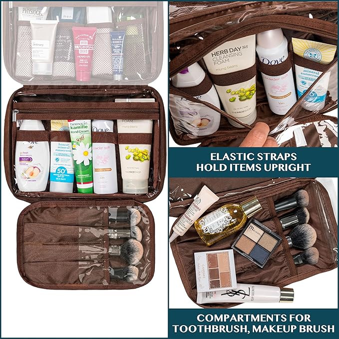 PAVILIA Hanging Toiletry Bag Women Men, Foldable Cosmetic Organizer Travel Bag, Water Resistant Makeup Bag Toiletries, Large Travel Essentials Kit (Dark Brown)