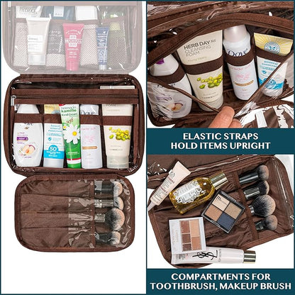 PAVILIA Hanging Toiletry Bag Women Men, Foldable Cosmetic Organizer Travel Bag, Water Resistant Makeup Bag Toiletries, Large Travel Essentials Kit (Dark Brown)