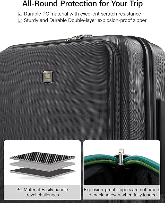 Hanke 24Inch Expandable Luggage Top Opening Medium Checked Luggage Hard Shell Suitcases with Wheels Travel Luggage Rolling Suitcase with Cup Holder(Jet Black)