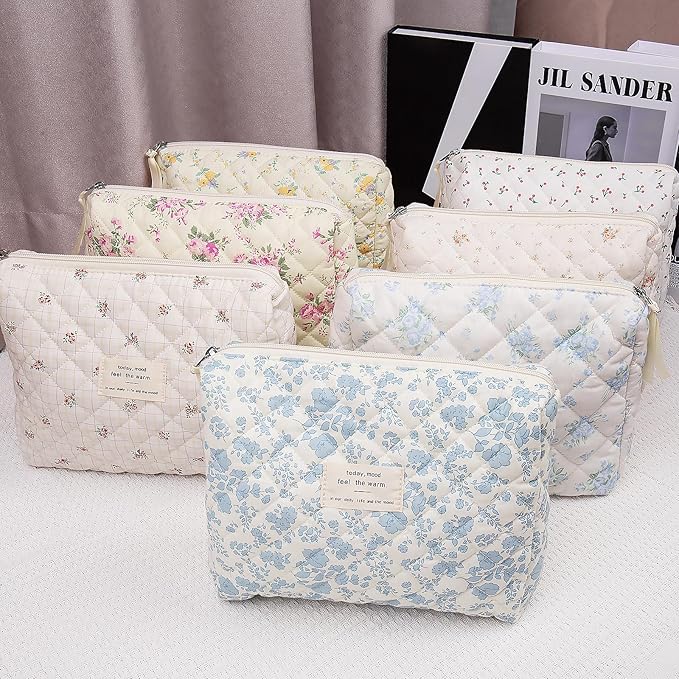 Floral Makeup Bag, Small Cosmetic Bag for Women Girls, Cute Cotton Makeup Bag, Quilted Makeup Bags, Flower Travel Toiletry Organizer Bag(White Cherry)