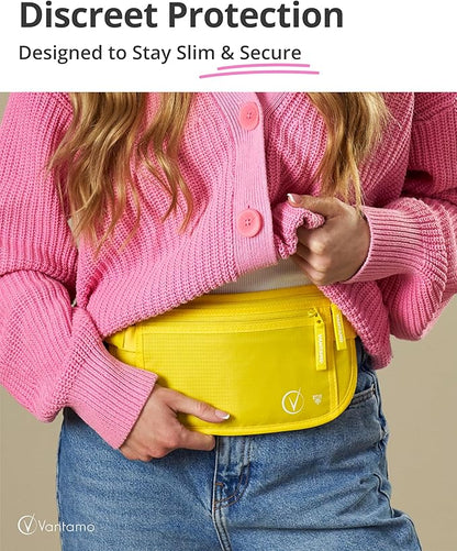 Vantamo Money Belt with RFID For Men & Women, Hidden Passport Holder for Travel, 2 Compartment Travel Fanny Pack for Women Anti Theft