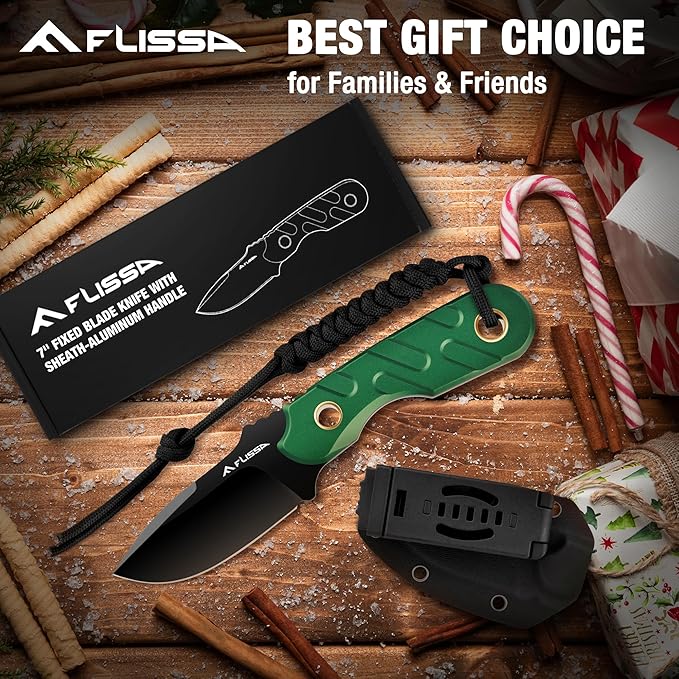 FLISSA Fixed Blade Knife, 7 Inch Full Tang Hunting Knife with Kydex Sheath and Emergency Rope for Tactical, Survival, Camping, Hiking(Green)