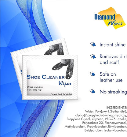 Diamond Wipes Pre-Moistened Shoe Shine Wipes, Streak-Free Shoe Cleaner Pack of 50 Individually Wrapped Wet Wipes - Use On Leather, Travel Essentials