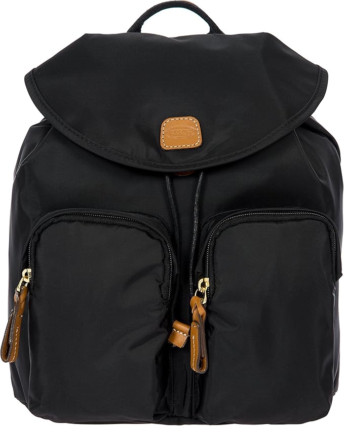 Bric's X-Travel Piccolo City Backpack 10", Water-Resistant Satin Nylon Daypack with Leather Details, Drawstring Closure, Adjustable Straps and Multi-Pocket Organization - Black
