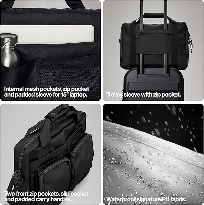 RAINS Texel Tech Bag - Black Waterproof Water Resistant Water Repellent Laptop Bag Unisex Commuter Travel Case 15" Computer Sleeve Tech Organizer - 2 Year Warranty