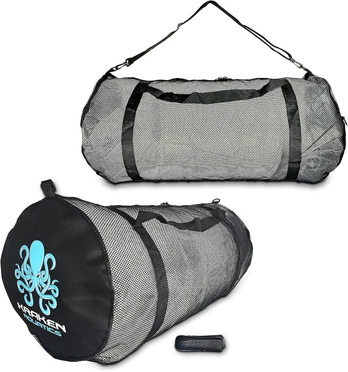 Kraken Aquatics Mesh Duffle Bag with Shoulder Strap | Large Dive Bag for Scuba Diving Gear, Snorkeling, Freediving, Spearfishing, Swimming & Beach | Heavy-Duty Mesh Duffel Bag for Quick Drying