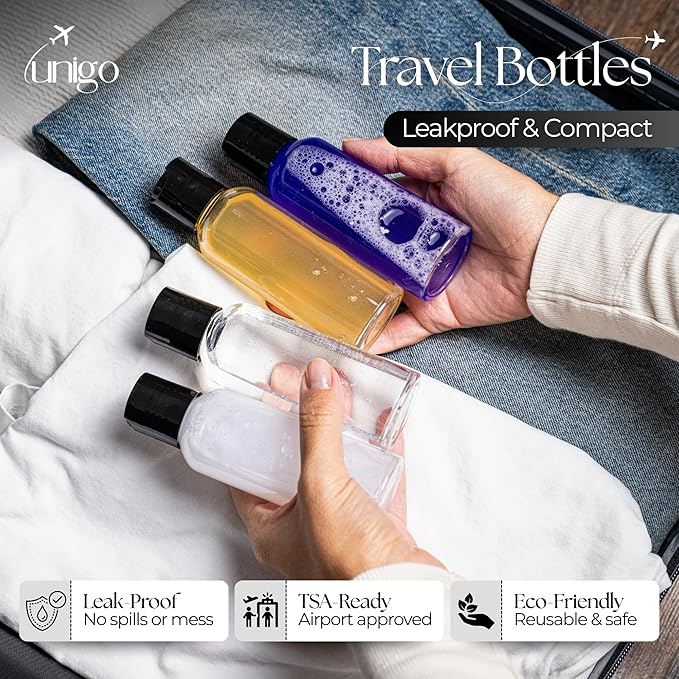 unigo Travel Bottles for Toiletries,TSA Approved Silicone Travel Containers for Toiletries, Plastic Bottles, Leak Proof Refillable Bottles, Shampoo (Transparent, 6-Pack Plastic Bottles Set (100ml))