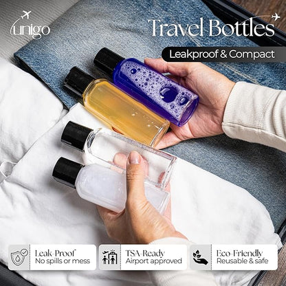 unigo Travel Bottles for Toiletries,TSA Approved Silicone Travel Containers for Toiletries, Plastic Bottles, Leak Proof Refillable Bottles, Shampoo (Transparent, 6-Pack Plastic Bottles Set (100ml))