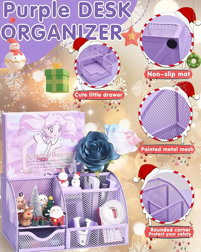 Purple Desk Accessories, 26Pcs Office Supplies and Desk Organizers, with Tape Dispenser, Stapler, Staple Remover Ect, Christmas Gifts
