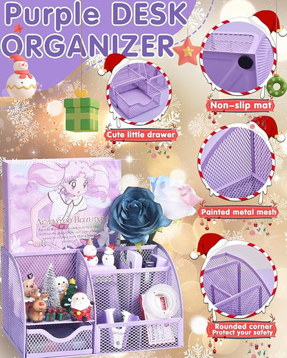 Purple Desk Accessories, 26Pcs Office Supplies and Desk Organizers, with Tape Dispenser, Stapler, Staple Remover Ect, Christmas Gifts