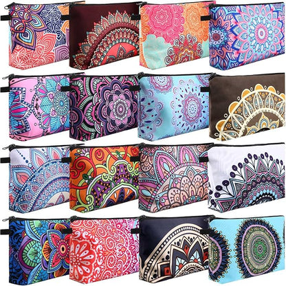 Dunzy 16 Pcs Makeup Bags Bulk Graduation Gift Cosmetic Bag Makeup with Zipper Pouch Waterproof Portable Travel Toiletry for Women Teacher Birthday Thanksgiving Christmas Gifts (Mandala)