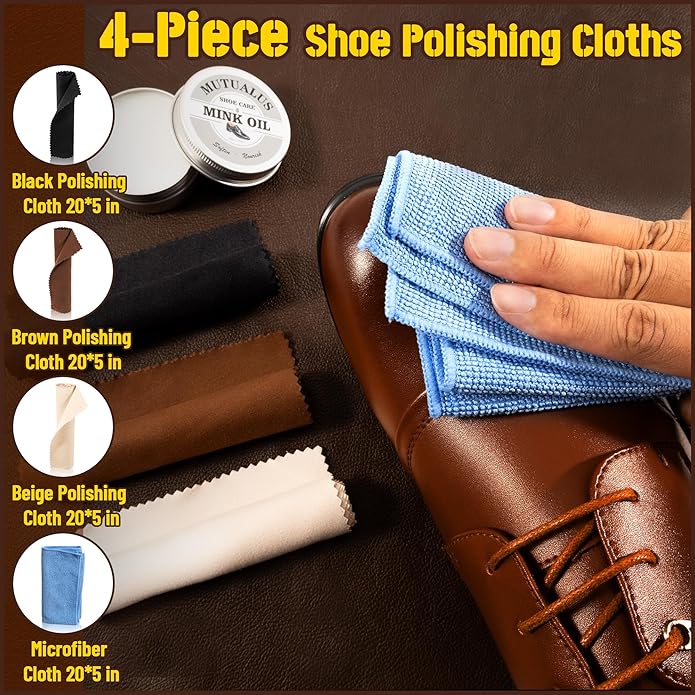 13PCS Horse Hair Shoe Brush Polish Cleaner Kit, 3PCS Shoe Brush With Black & Brown Mink Saddle Oil, Polishing Cloth Microfiber Cloth Storage Pouch