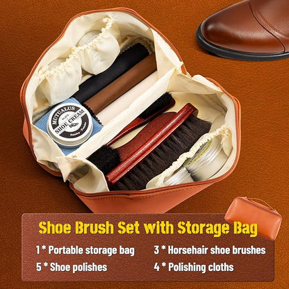 13PCS Horse Hair Shoe Brush Polish Cleaner Kit, 3PCS Shoe Brush With Black & Brown Mink Saddle Oil, Polishing Cloth Microfiber Cloth Storage Pouch