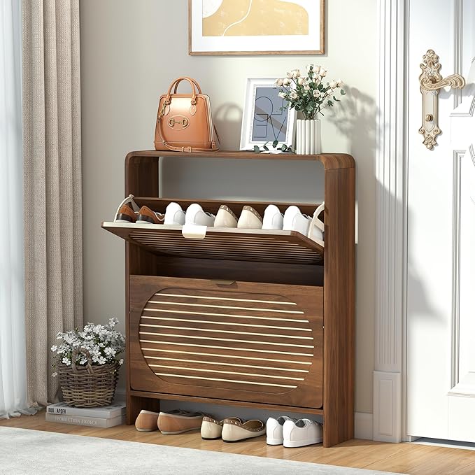 Wood Shoe Storage Cabinet with 2 Flip Drawer, Mid-Century Farmhouse Curved Corner Shoe Cabinet Arched Fluted Pattern, Hidden Narrow Shoe Organizer for Entryway, Living Room (Walnut, No-Divider)