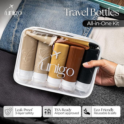 unigo Travel Bottles For Toiletries, 5-pack 3.oz TSA Aprroved Travel Size Bottles, Containers For Toiletries, BPA Free, Leak Prrof, Refillable Containers Bottles (Apricot)