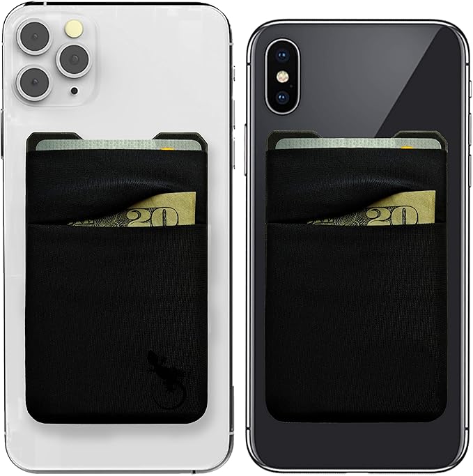 Gecko Travel Tech Double Pocket - Adhesive Card Holder - Cell Phone Pouch - Stick on Spandex Pocket - Carry Credit Cards and Cash (2 PACK - BLACK COMBO)