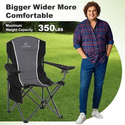LET'S CAMP Oversized Outdoor Folding Camping Chair, Heavy Duty Arm Chair with Cup Holder and Storage Bag, 350 LBS Weight Capacity, Grey