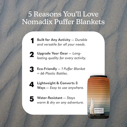 Nomadix Yellowstone Puffer Blanket – Water-Resistant, Eco-Friendly Insulated Blanket with Snaps for Camping, Beach, and Travel, Made from Recycled Materials