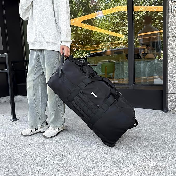 80L Waterproof Rolling Duffel Bag with Quick-Release Straps, Military Tactical Wheeled Foldable For Deployment Traveling Camping Sporting (Black+Drawstring bag)