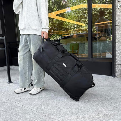 80L Waterproof Rolling Duffel Bag with Quick-Release Straps, Military Tactical Wheeled Foldable For Deployment Traveling Camping Sporting (Black+Drawstring bag)