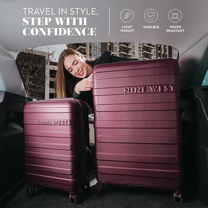 Nine West Celine 3 Piece Luggage Set – 20″ Carry-On & 28″ Checked Suitcase, Burgundy, Lightweight Expandable Hardshell with Spinner Wheels, Water-Resistant – Celine Collection for Women