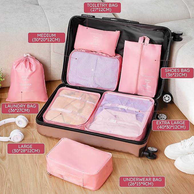 11 Piece Travel Luggage Sets for Women, 20/24/28/32 Inch 4 Piece Hardshell Suitcase Set, 20inch Carry on Luggage with Wheels, 24inch 28inch 32inch Checked Luggage with 7PC Packing Bags