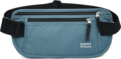 RFID Blocking Money Belt for Men Women, Slim Fanny Pack for Travel，Running,Conceal Waist Wallet for Passport Holder,Phone,Cash(Black Turquoise)