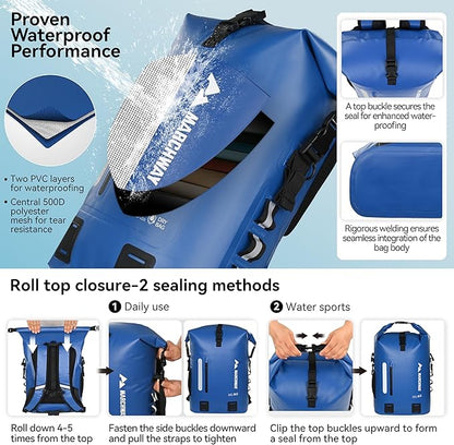 MARCHWAY Roll Top Waterproof Backpack, Floating Dry Bag 20L/30L/45L with Ergonomic Rectangular Base, Cushioned Back, Hip Strap for Hiking Camping Kayaking Travel (Blue, 20L)
