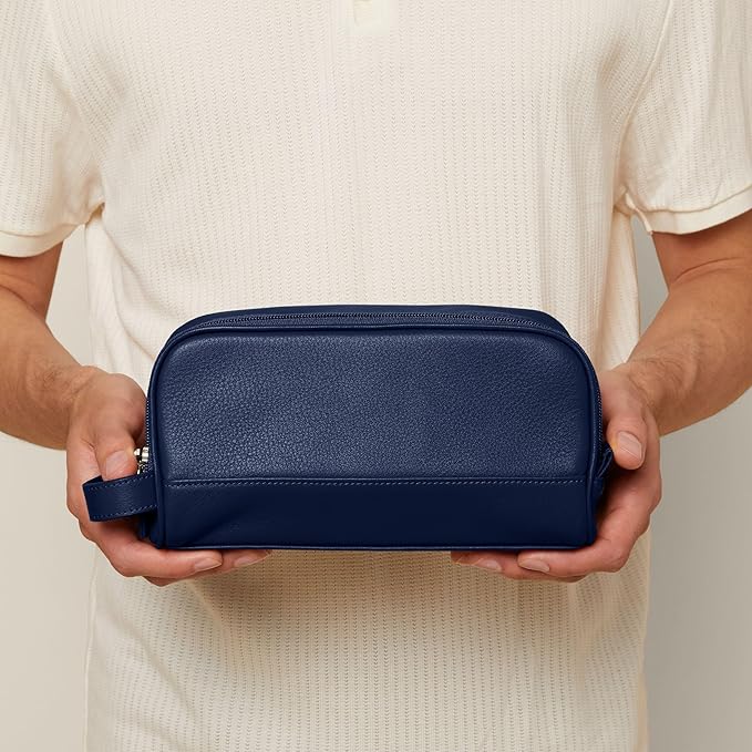 Leatherology Navy Blue Leather Toiletry Bag – Small Double Zip Dopp Kit – Full Grain Leather Travel Organizer with Water-Resistant Lining – Compact Grooming Bag for Men or Women