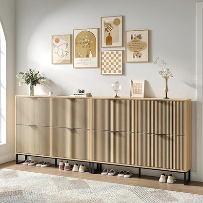 Shoe Cabinet with 4 Flip Drawers Set of 2, Narrow Wood Shoe Cabinet Storage for Entryway, Freestanding Hidden Shoe Organizer Rack Cabinet for Hallway