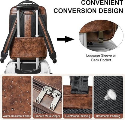 Shrrie Vegan Leather Laptop Backpack for Women&Men,16 Inch Expandable Backpack with USB Charging Port,Two-toned Brown