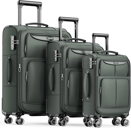SHOWKOO Luggage Sets 3 Piece Softside Expandable Lightweight Durable Suitcase Sets Double Spinner Wheels TSA Lock Armygreen (20in/24in/28in)