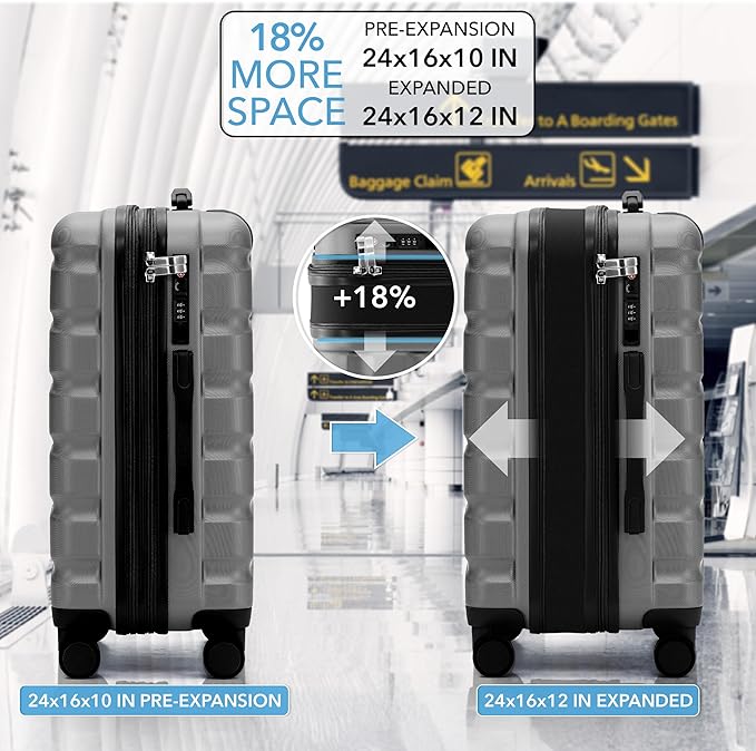 Flight Knight 24x16x10 Expandable Carry On Suitcase Hardside TSA Lock USB C Lightweight Luggage Silent Double Spinner Wheels Maximum Overhead Carry-On Bag For Virgin & South West Approved Airlines