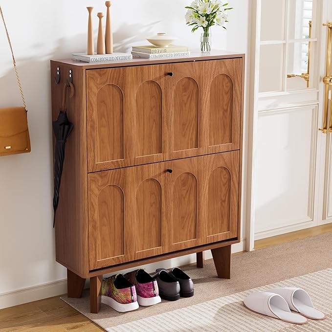 31.5" Shoe Storage Cabinet with 2 Flip Drawers, Narrow Shoe Cabinet for Entryway, Wood Shoe Rack Cabinet for Hallway, Walnut