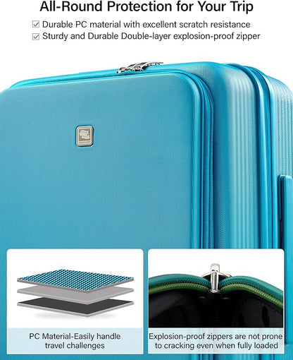 Hanke 20 Inch Expandable Carry On Luggage Airline Approved Top Opening Travel Luggage Rolling Suitcase with Cup Holder Hard Shell Suitcases with Wheels (Caribbean Blue)