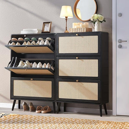 Rattan Shoe Cabinet with 3 Flip Drawers, 48 Pairs Narrow Shoe Storage Cabinet for Entryway Freestanding Hidden Shoe Rack, Modern Slim Wood Shoe Organizer for Hallway, Black