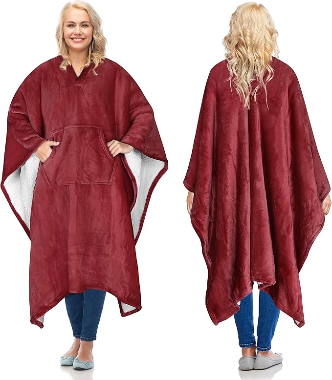 Catalonia Sherpa Wearable Blanket Poncho for Adult Women Men, Wrap Blanket Cape with Pocket, Warm, Soft, Cozy, Snuggly, Comfort Gift, No Sleeves, Wine