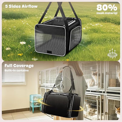 Top and 2 Sides Expandable Cat Carrier 18x11x11, TSA Airline Approved Dog Carriers for Medium Dogs, Soft-Sided Pet Carrier with Self-Locking Zippers for Kitten,Rabbit, Puppy, Guinea Pig Black White