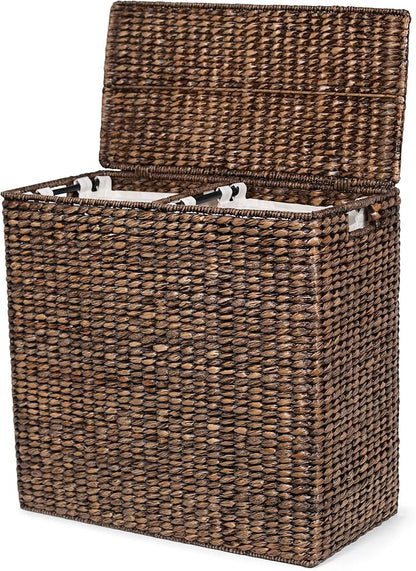 BIRDROCK HOME Oversized Dual Hampers with Lid - Handwoven Natural Seagrass Fiber Compartment Laundry Hamper w/Dual Removable Liners Bag - Split/Two Side Basket for Dirty Laundry, Clothes - Brown Wash